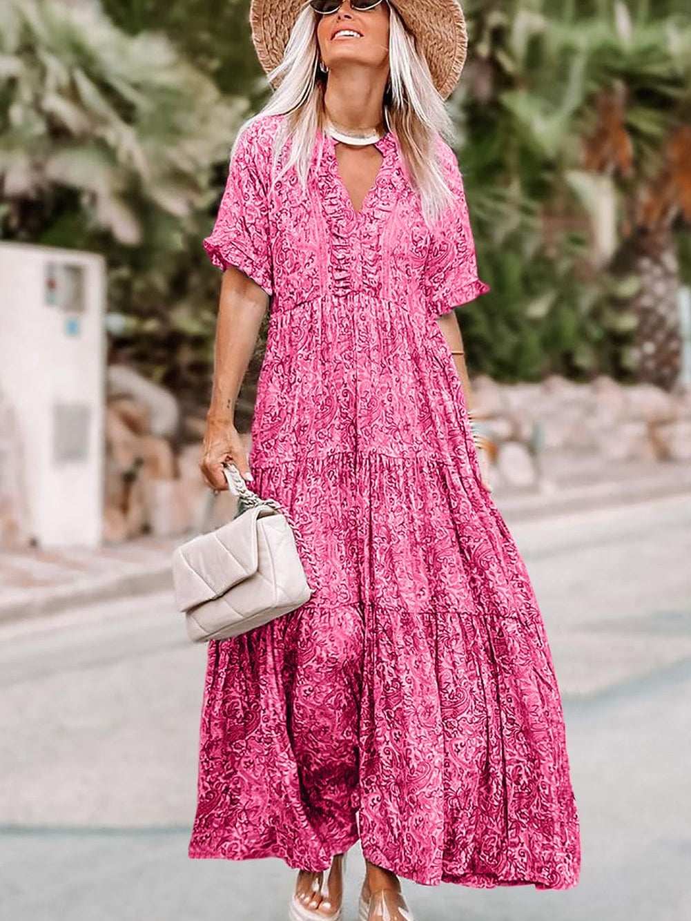 Pink Bohemian Paisley Print Ruffle Maxi Dress for Summer Vacations