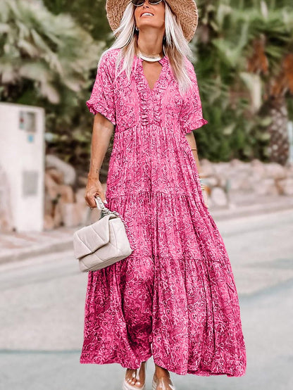Pink Bohemian Paisley Print Ruffle Maxi Dress for Summer Vacations