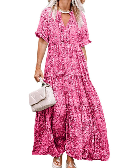 Pink Bohemian Paisley Print Ruffle Maxi Dress for Summer Vacations