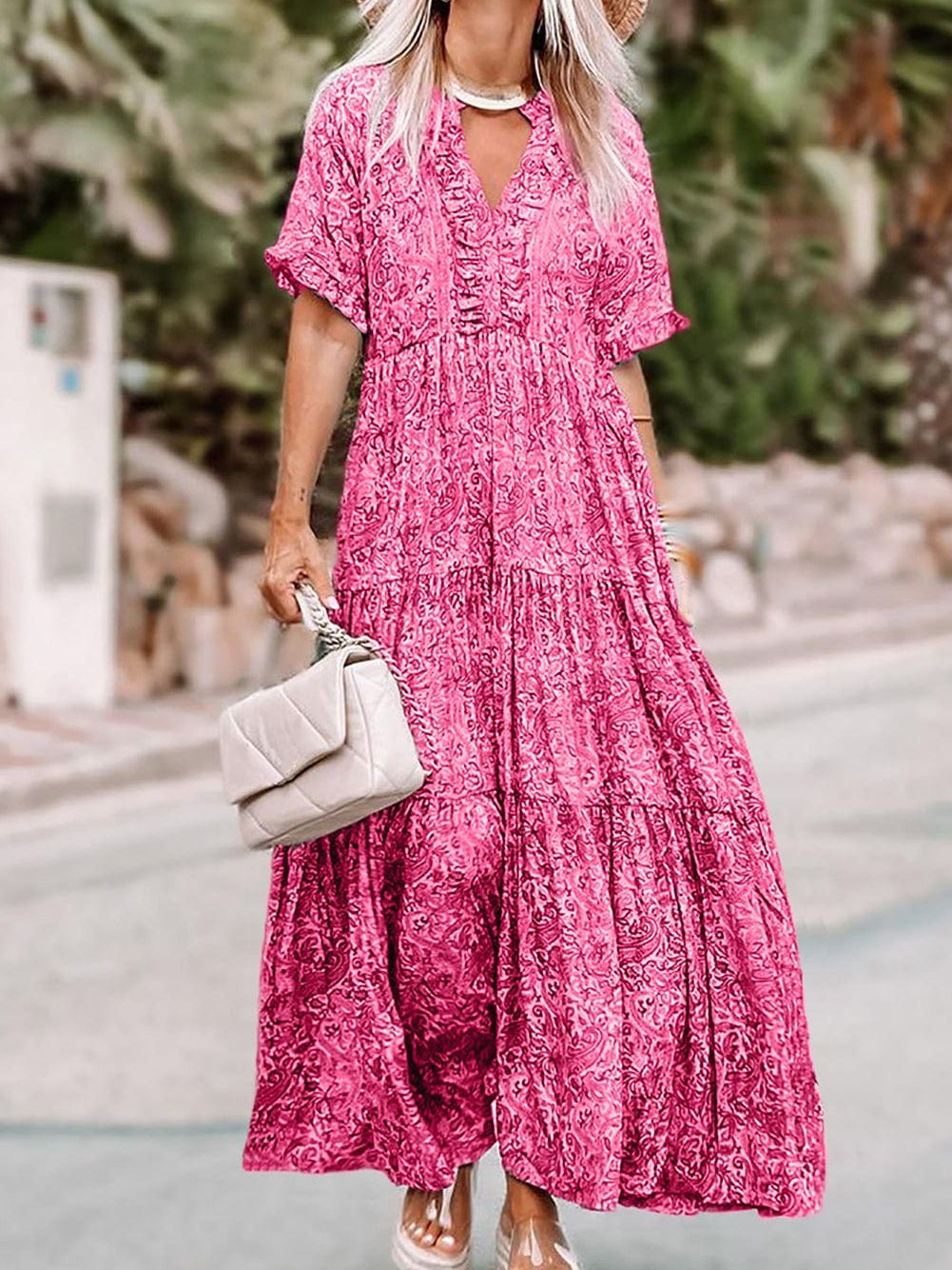 Pink Bohemian Paisley Print Ruffle Maxi Dress for Summer Vacations