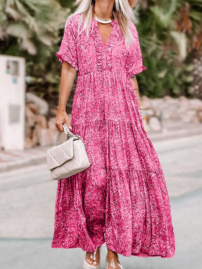 Pink Bohemian Paisley Print Ruffle Maxi Dress for Summer Vacations