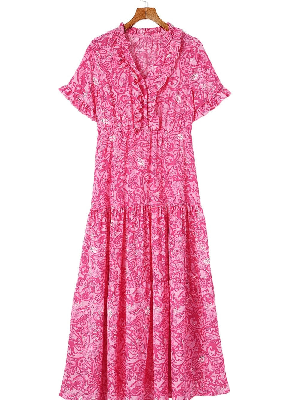 Pink Bohemian Paisley Print Ruffle Maxi Dress for Summer Vacations
