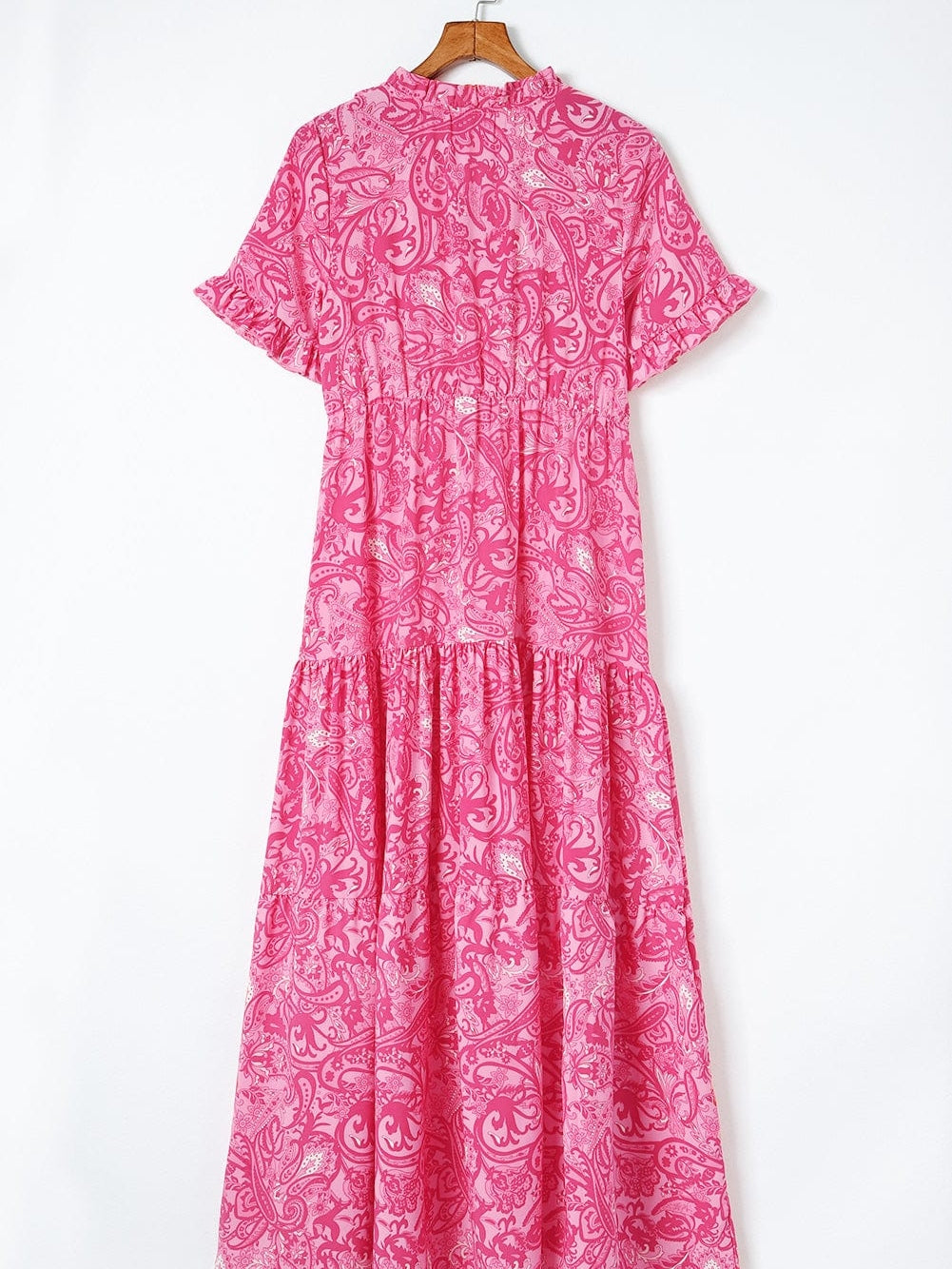 Pink Bohemian Paisley Print Ruffle Maxi Dress for Summer Vacations