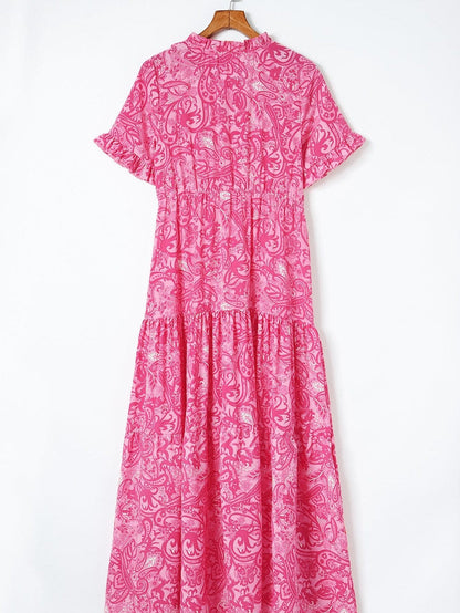Pink Bohemian Paisley Print Ruffle Maxi Dress for Summer Vacations
