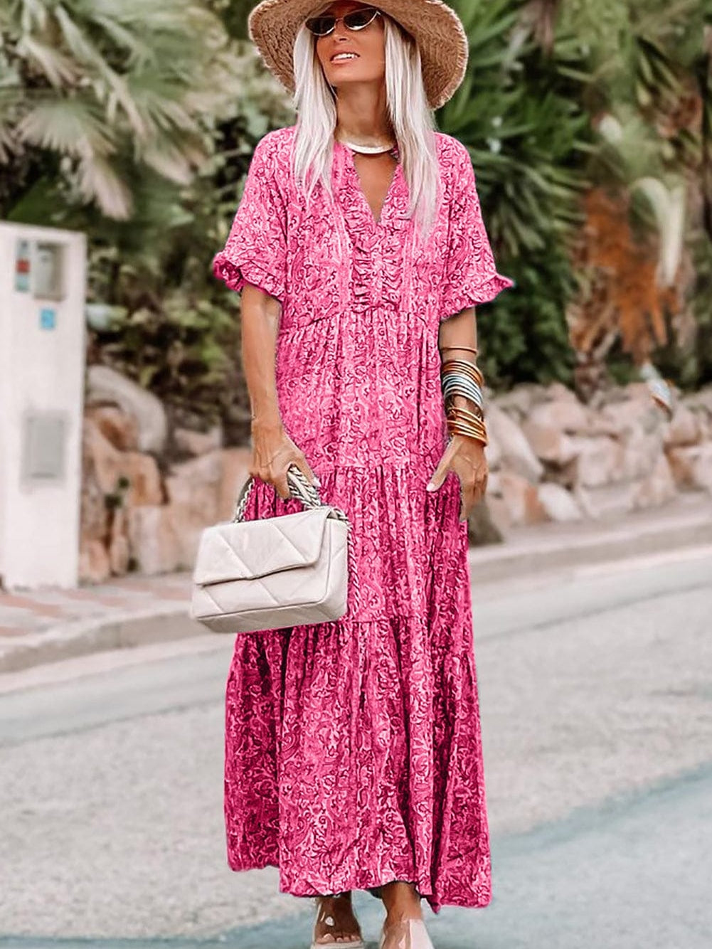 Pink Bohemian Paisley Print Ruffle Maxi Dress for Summer Vacations