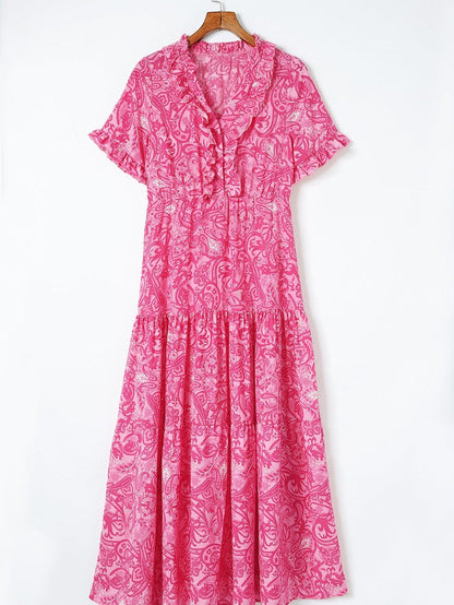 Pink Bohemian Paisley Print Ruffle Maxi Dress for Summer Vacations