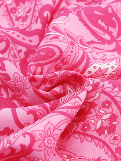 Pink Bohemian Paisley Print Ruffle Maxi Dress for Summer Vacations