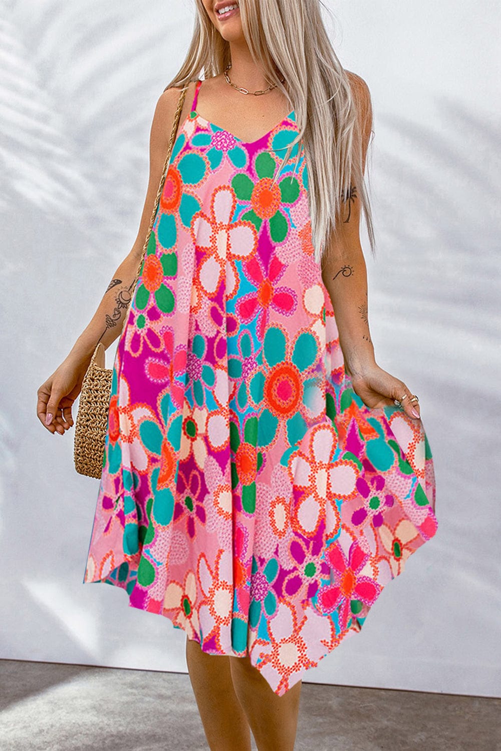 Pink Boho Floral Print Spaghetti Strap Flowy Midi Dress