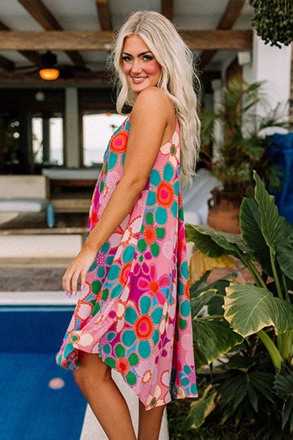 Pink Boho Floral Print Spaghetti Strap Flowy Midi Dress