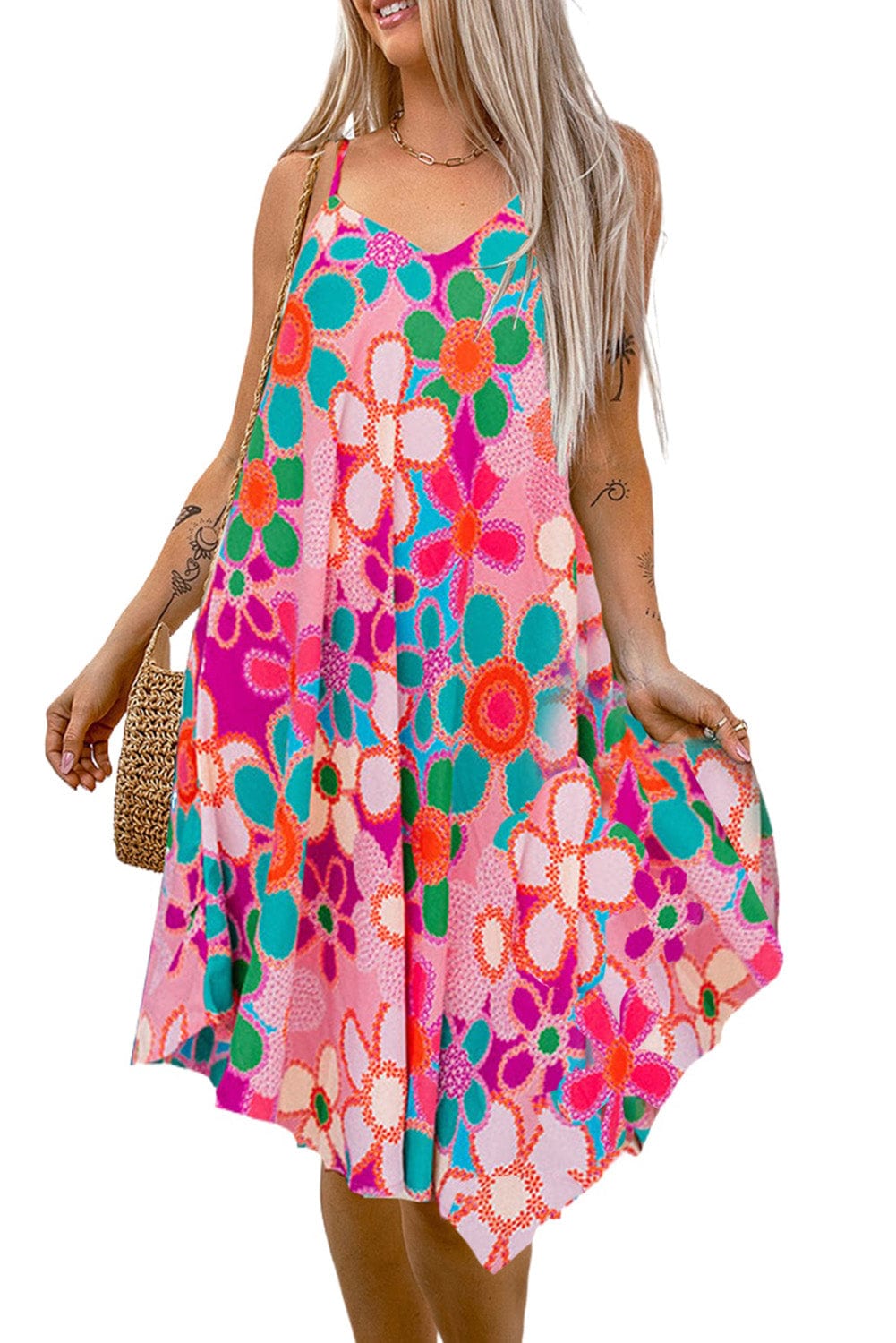 Pink Boho Floral Print Spaghetti Strap Flowy Midi Dress