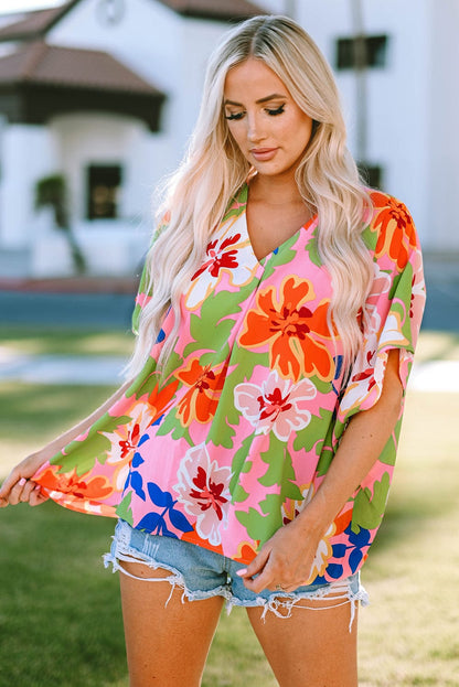 Pink Botanical Print Relaxed Fit V-Neck Tunic Top