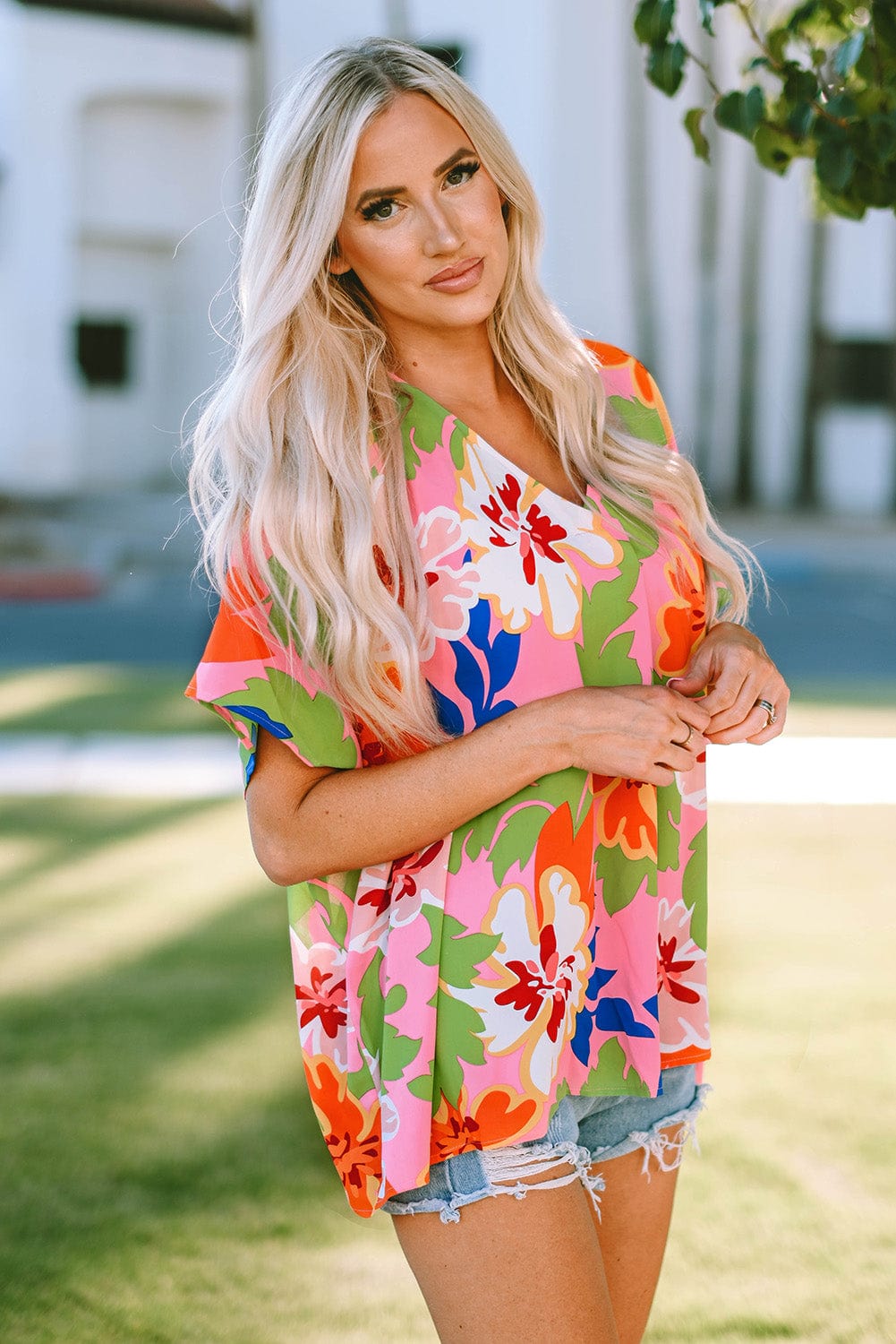 Pink Botanical Print Relaxed Fit V-Neck Tunic Top