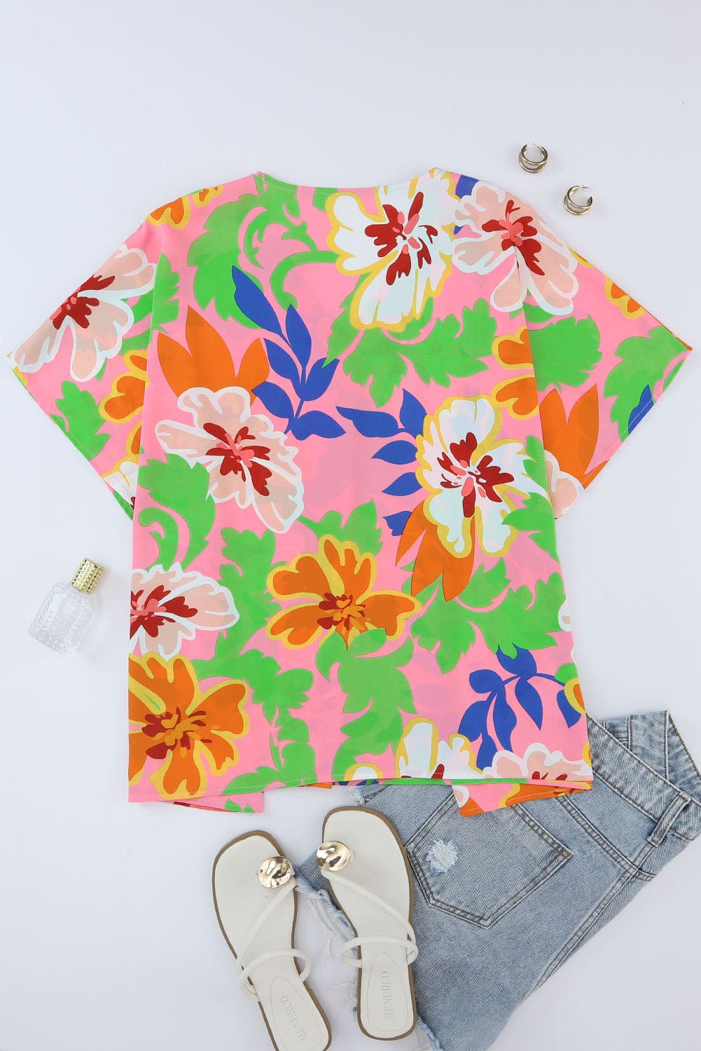 Pink Botanical Print Relaxed Fit V-Neck Tunic Top