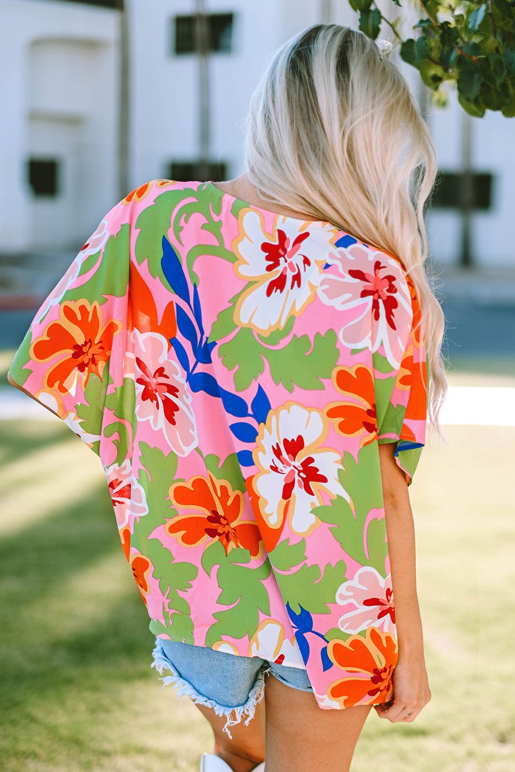 Pink Botanical Print Relaxed Fit V-Neck Tunic Top