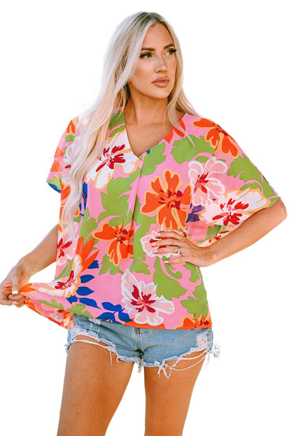 Pink Botanical Print Relaxed Fit V-Neck Tunic Top