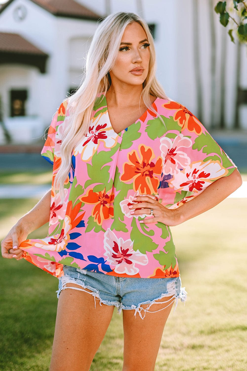 Pink Botanical Print Relaxed Fit V-Neck Tunic Top