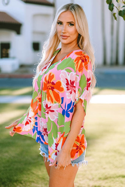 Pink Botanical Print Relaxed Fit V-Neck Tunic Top