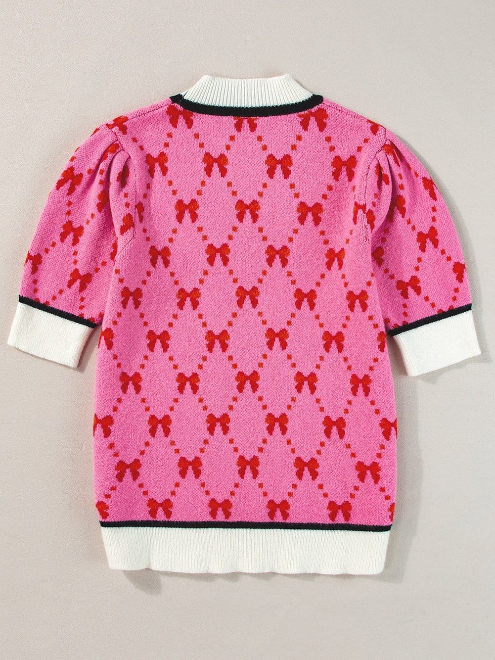 Pink Bow Print Elegant Short Sleeve Knit Top