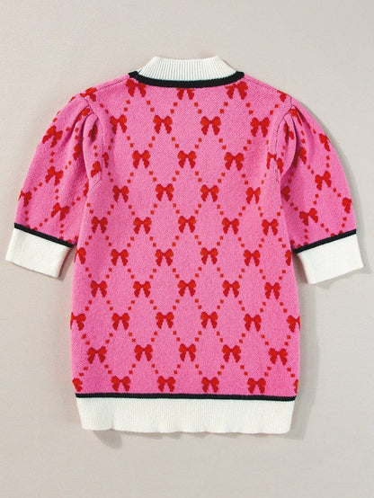 Pink Bow Print Elegant Short Sleeve Knit Top
