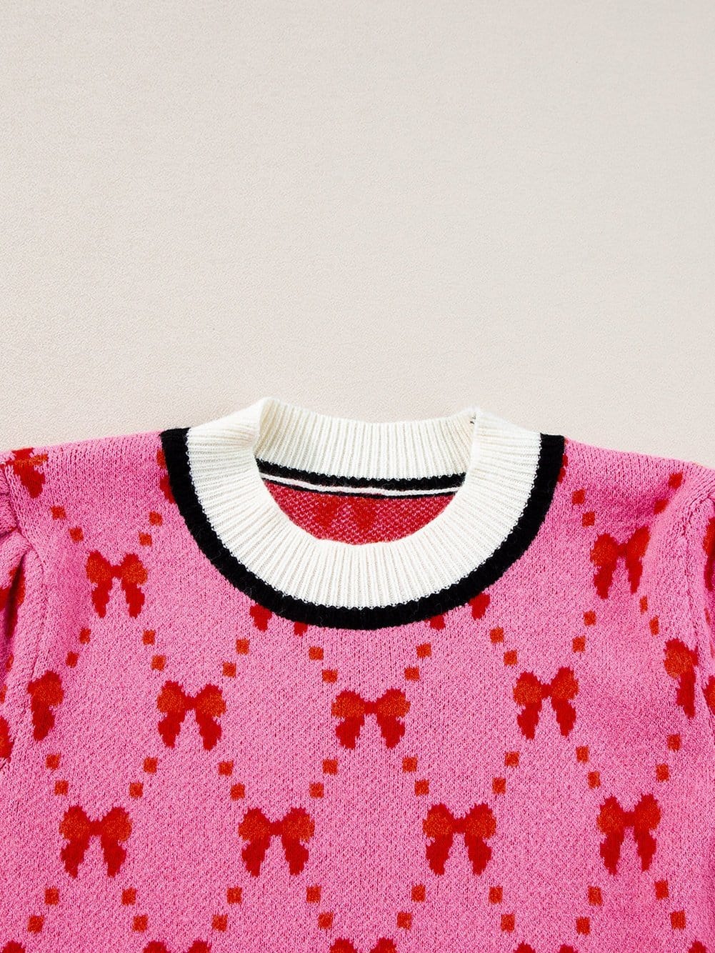 Pink Bow Print Elegant Short Sleeve Knit Top