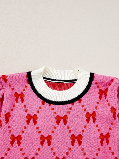 Pink Bow Print Elegant Short Sleeve Knit Top