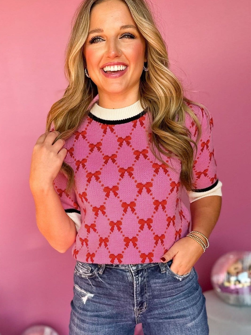 Pink Bow Print Elegant Short Sleeve Knit Top