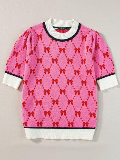 Pink Bow Print Elegant Short Sleeve Knit Top