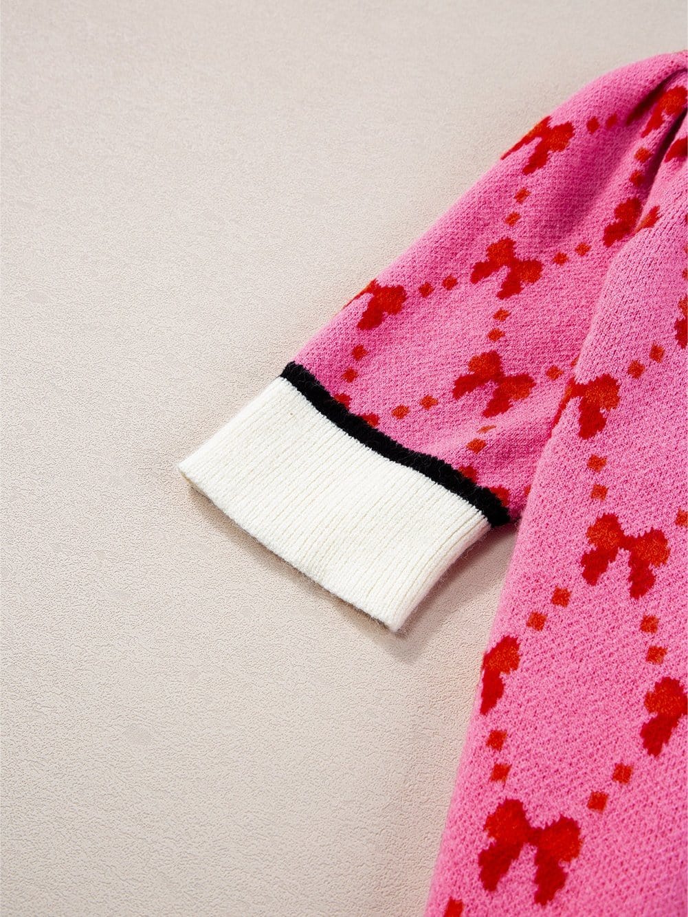 Pink Bow Print Elegant Short Sleeve Knit Top