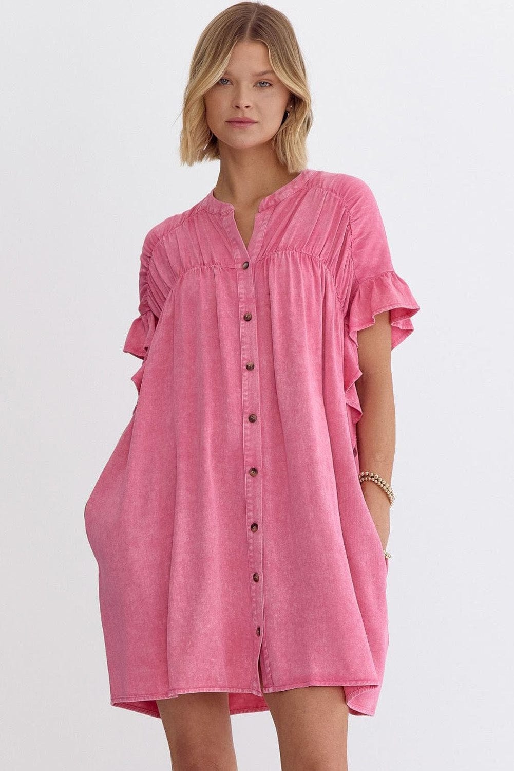 Pink Chambray Button-Front Ruffle Sleeve Mini Dress