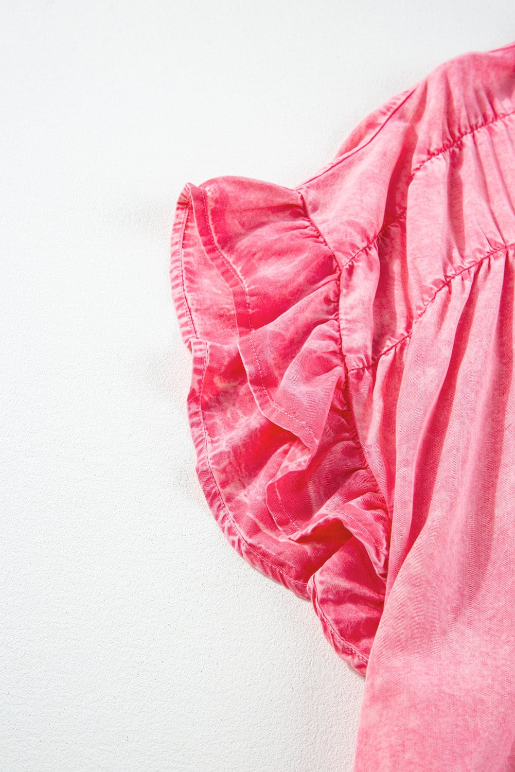 Pink Chambray Button-Front Ruffle Sleeve Mini Dress