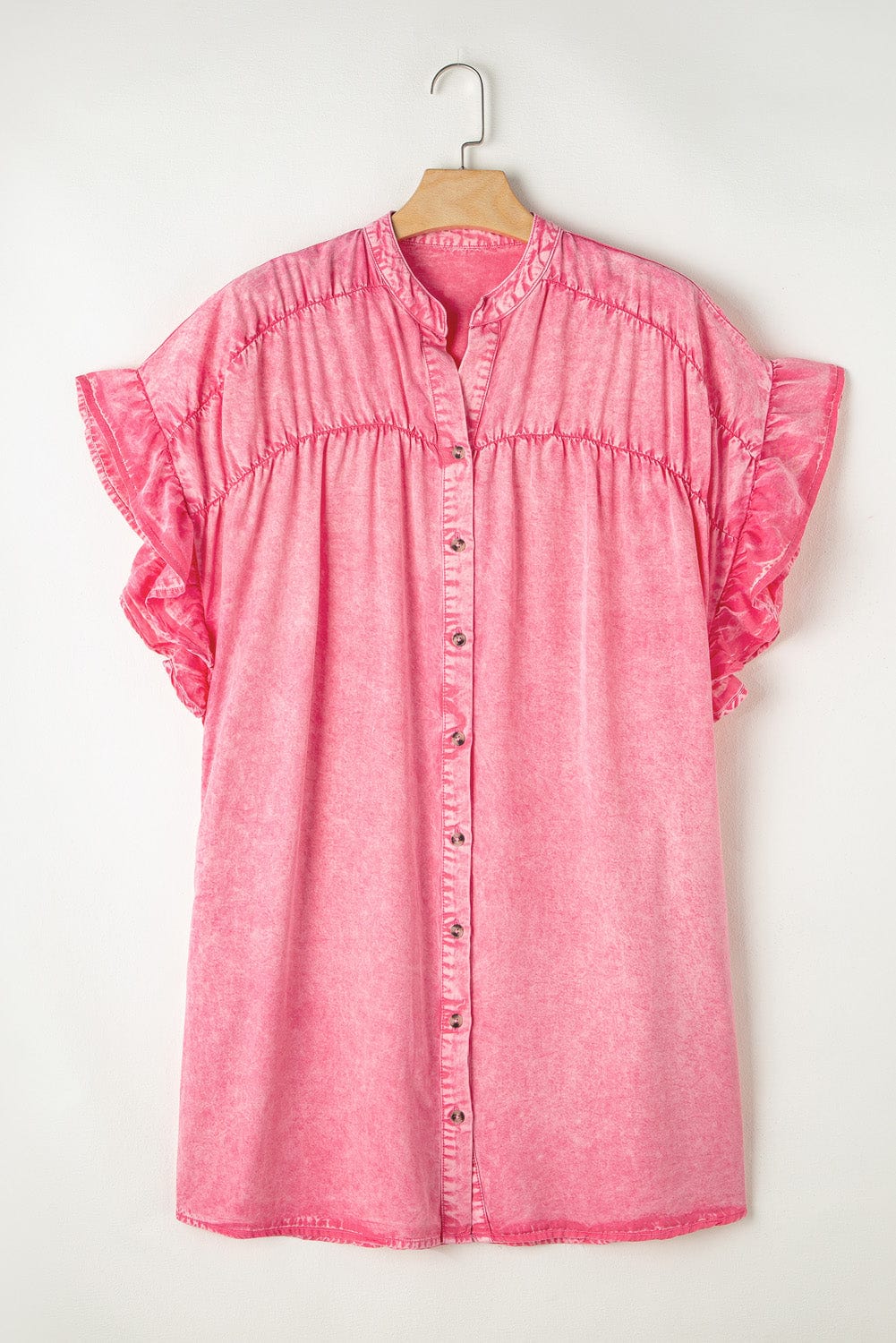Pink Chambray Button-Front Ruffle Sleeve Mini Dress