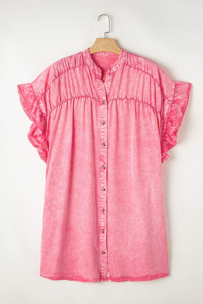 Pink Chambray Button-Front Ruffle Sleeve Mini Dress