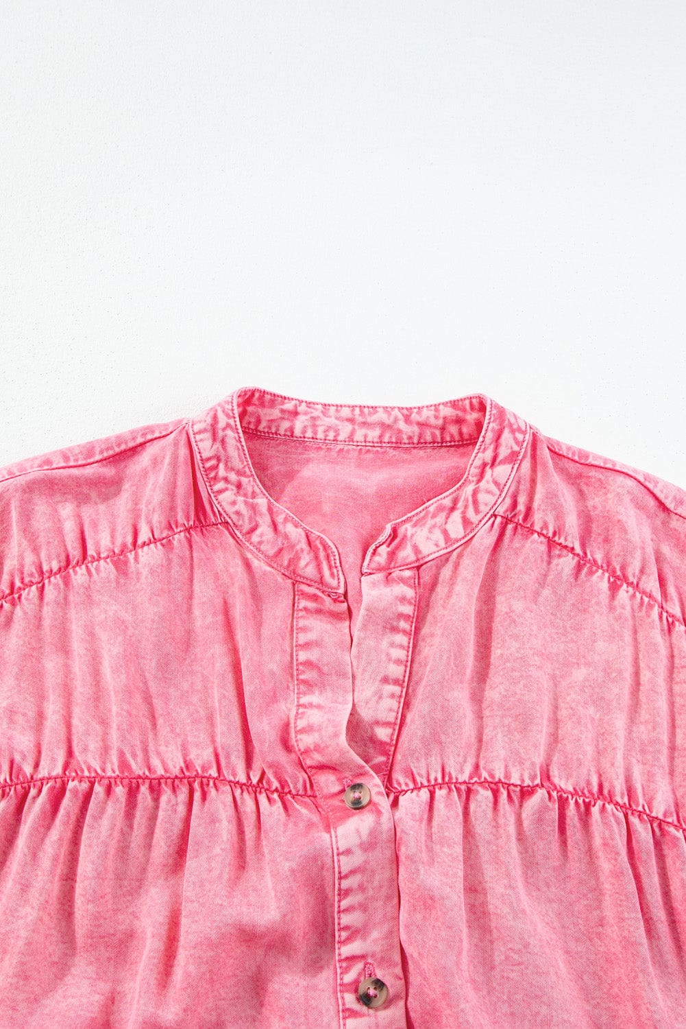 Pink Chambray Button-Front Ruffle Sleeve Mini Dress