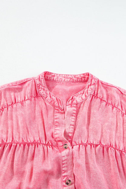 Pink Chambray Button-Front Ruffle Sleeve Mini Dress