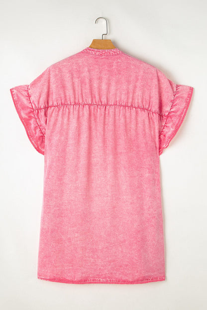 Pink Chambray Button-Front Ruffle Sleeve Mini Dress