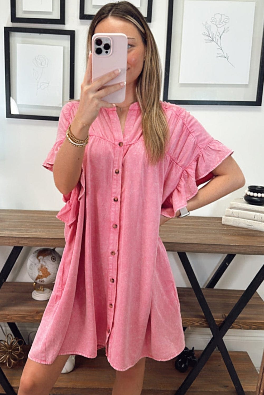 Pink Chambray Button-Front Ruffle Sleeve Mini Dress