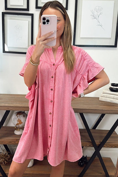 Pink Chambray Button-Front Ruffle Sleeve Mini Dress