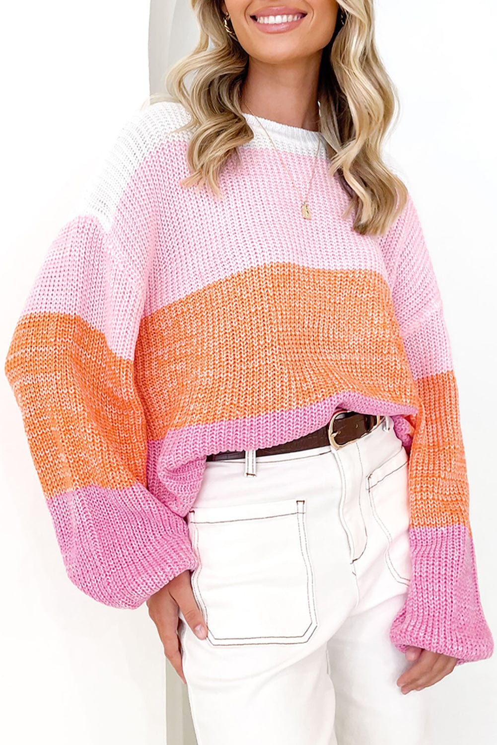 Pink Colorblock Drop Shoulder Knit Sweater for Casual and Dressy Occasions