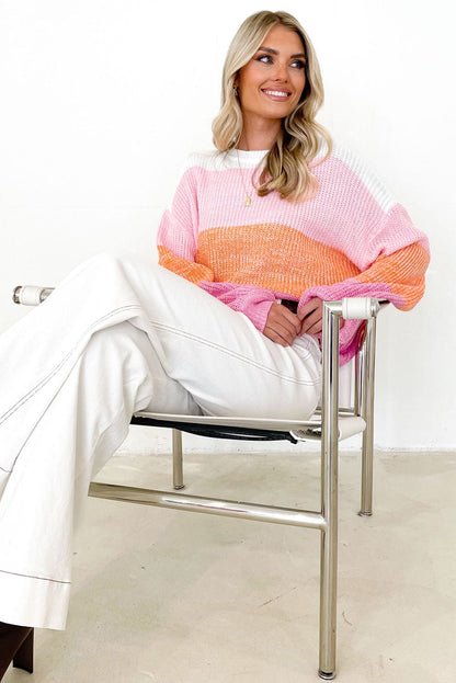 Pink Colorblock Drop Shoulder Knit Sweater for Casual and Dressy Occasions