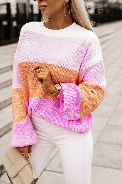 Pink Colorblock Drop Shoulder Knit Sweater for Casual and Dressy Occasions