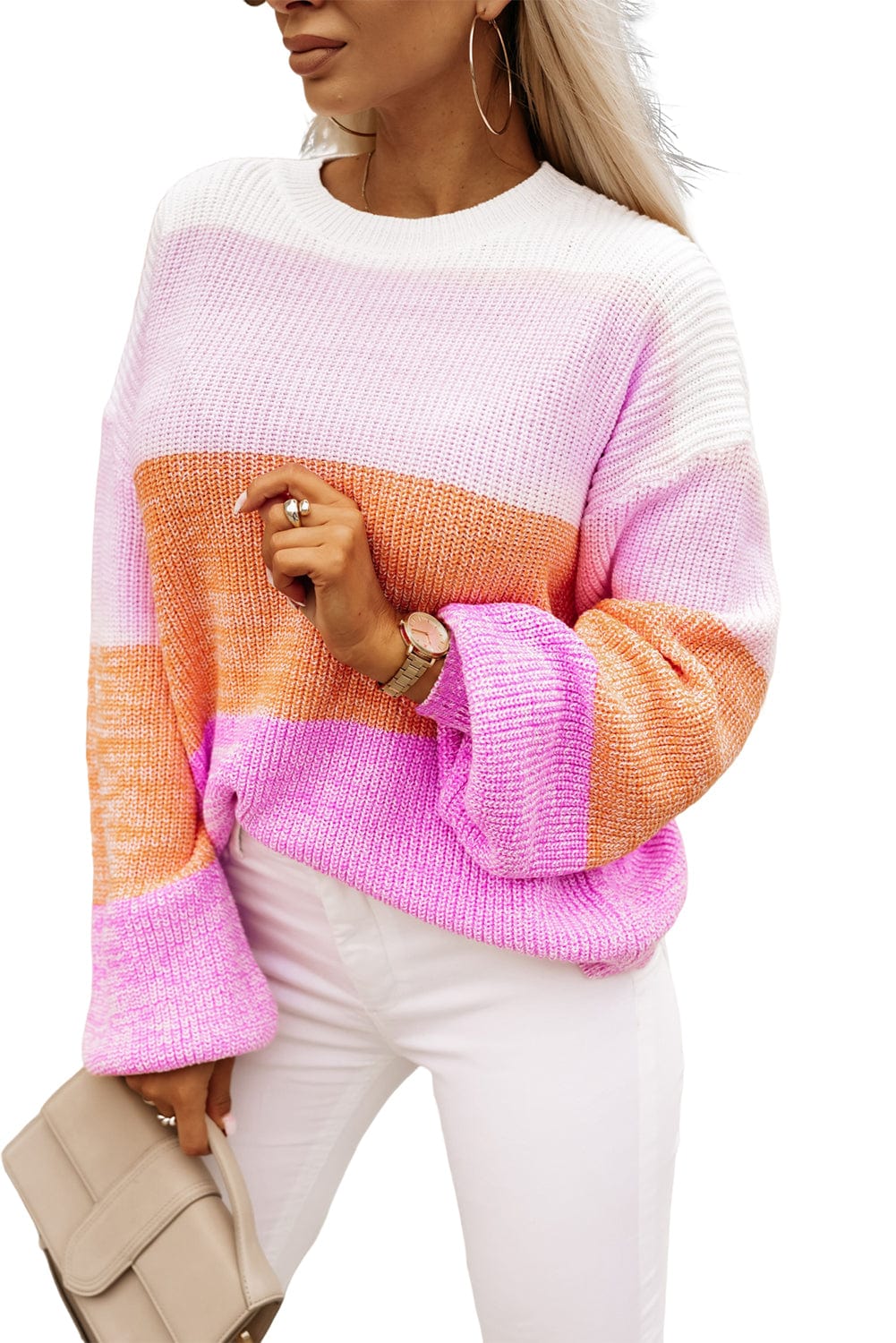 Pink Colorblock Drop Shoulder Knit Sweater for Casual and Dressy Occasions
