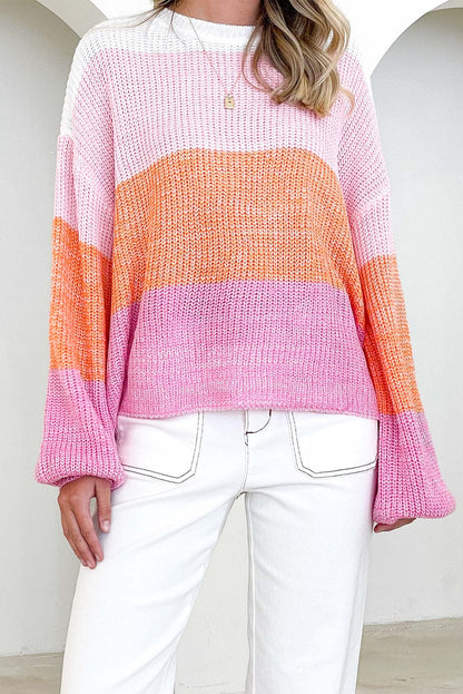 Pink Colorblock Drop Shoulder Knit Sweater for Casual and Dressy Occasions