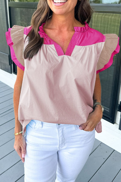 Pink Colorblock Frilled V-Neck Blouse with Cap Sleeves