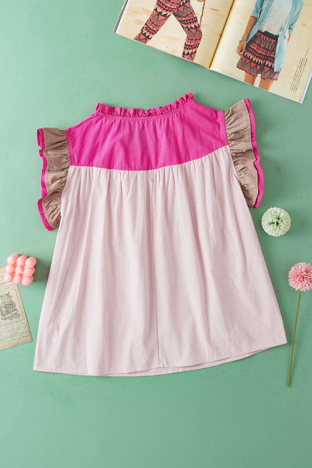 Pink Colorblock Frilled V-Neck Blouse with Cap Sleeves