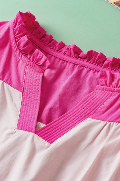 Pink Colorblock Frilled V-Neck Blouse with Cap Sleeves