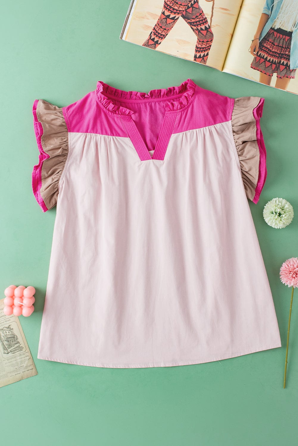 Pink Colorblock Frilled V-Neck Blouse with Cap Sleeves