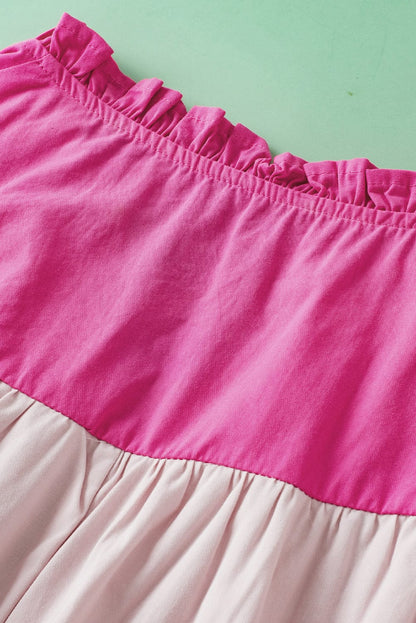 Pink Colorblock Frilled V-Neck Blouse with Cap Sleeves
