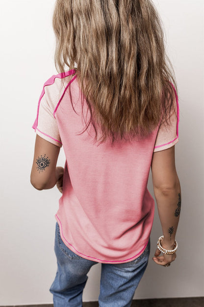 Pink Colorblock Knit V-Neck T-shirt with Exposed Seam