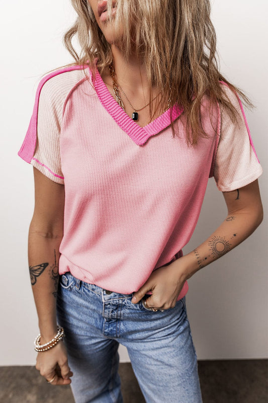 Pink Colorblock Knit V-Neck T-shirt with Exposed Seam