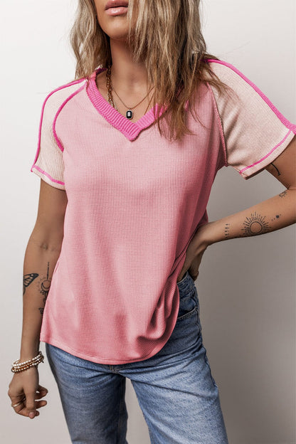 Pink Colorblock Knit V-Neck T-shirt with Exposed Seam